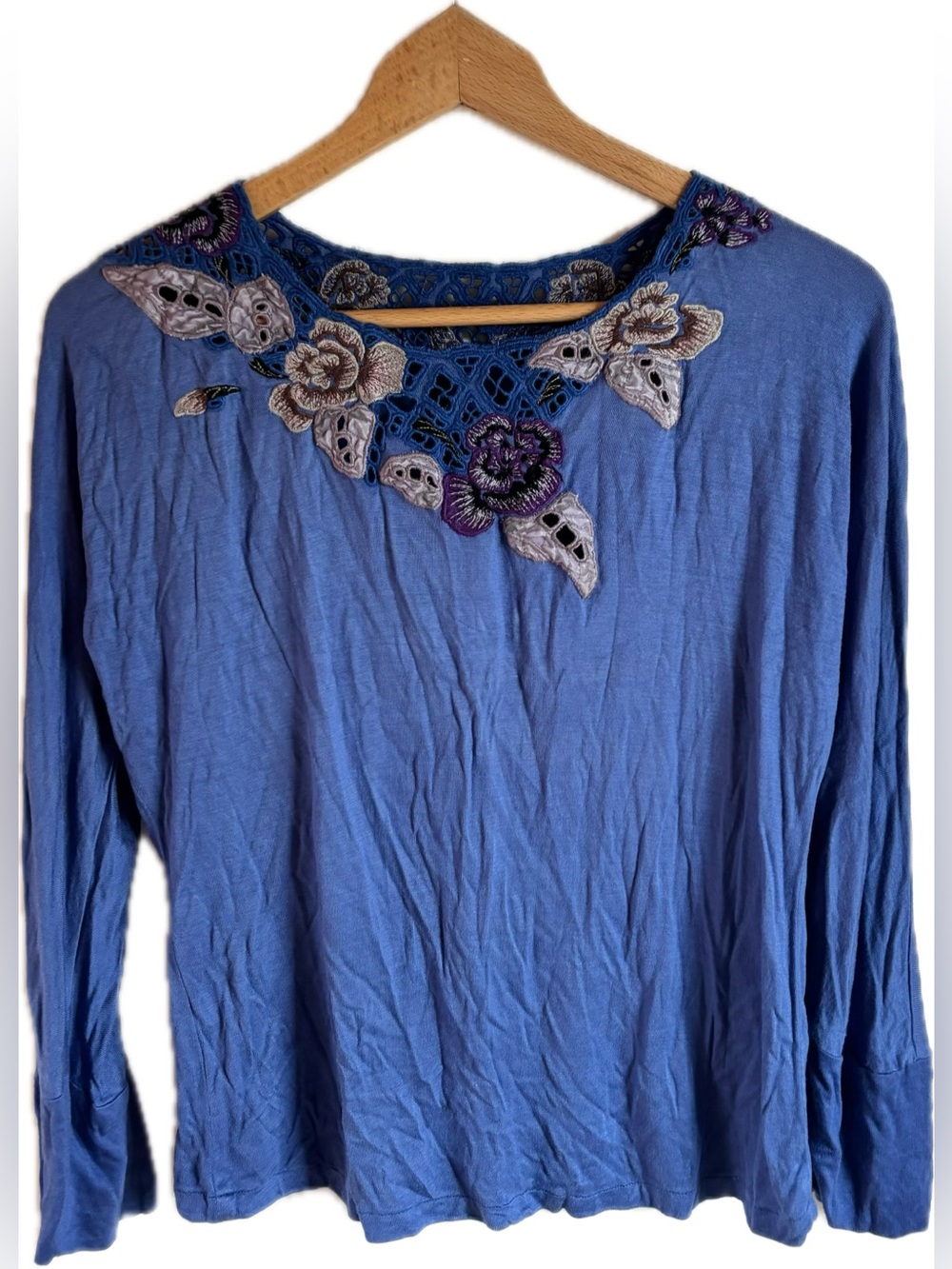 Blue Embroidered Long-Sleeve Top